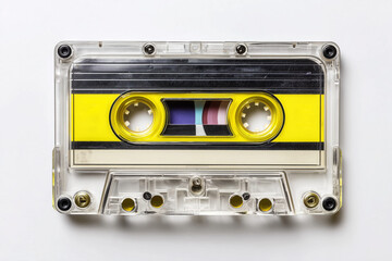 Naklejka premium A top view of an old retro cassette tape on a white background.