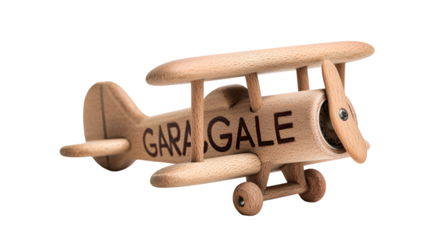 Wooden biplane toy with garagale text isolated on transparent background