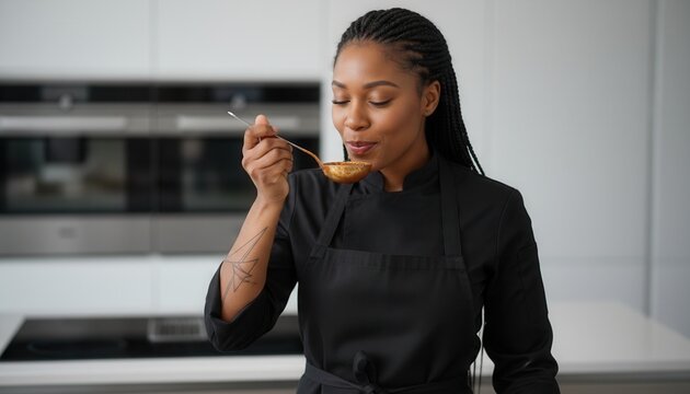 Professional black female chef tasting sauce from a ladle in a modern kitchen. A cook in uniform enjoying the aroma while preparing a gourmet meal - Powered by Adobe