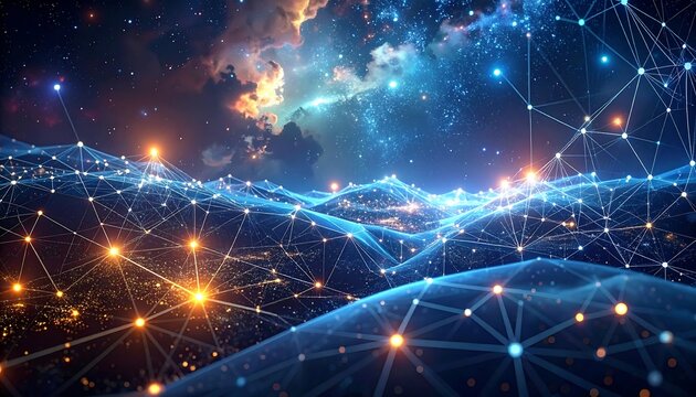 Digital network landscape with glowing nodes and lines, under a starry sky - Powered by Adobe