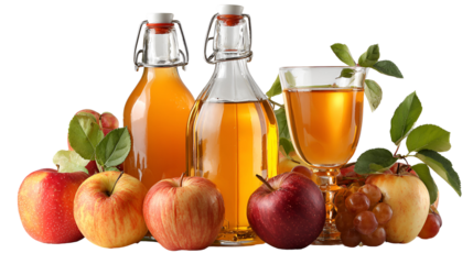 Apple cider vinegar bottles and glass with apples and grapes isolated on transparent background