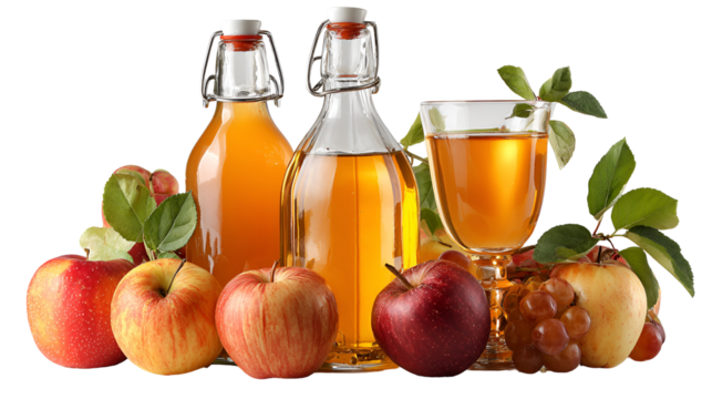 Apple cider vinegar bottles and glass with apples and grapes isolated on transparent background - Powered by Adobe