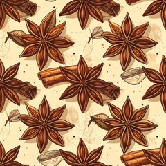 Cartoon-style illustration of spices (star anise and cinnamon) pattern