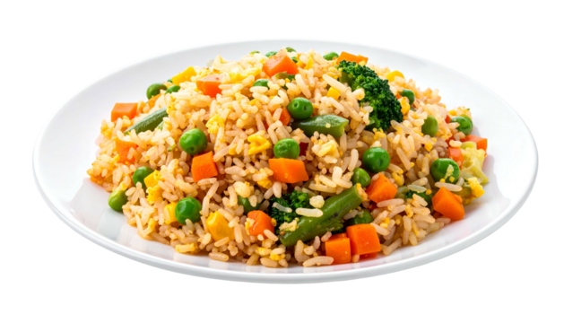 A vibrant plate showcases seasoned rice stir-fried with colorful vegetables. Green peas, carrots, and broccoli are evenly distributed