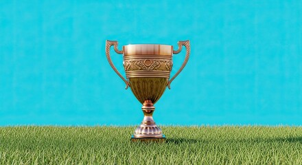 A golden trophy standing tall on vibrant green grass against a teal backdrop