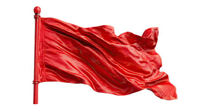  Red flag softly billowing in the wind, signaling attention or warning with realistic fabric folds isolated on white background