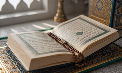 Open religious text with prayer beads, ornate boxes, light, and window