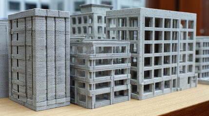 Cityscape miniature, showcasing a collection of building models with intricate detailing and modern architectural designs.