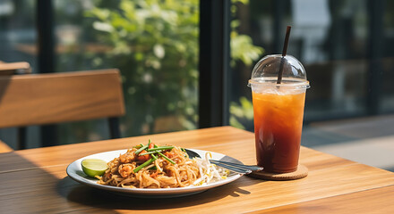 Pad Thai noodles with lime wedge and a drink with a straw on a wooden table.