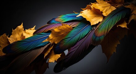 Fototapeta premium Autumnal serenity vibrant feathers and golden leaves create a striking still life composition