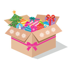 Obraz premium Illustration of a cardboard box with Christmas toys and gifts with a pink bow on a white background.