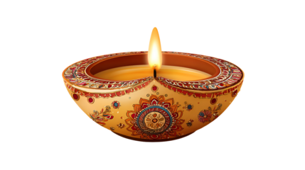 Ornate diya oil lamp with a lit flame isolated on transparent background