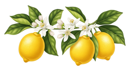 Fresh yellow lemons with blossoms and leaves illustration on transparent background