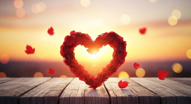 A red heart-shaped wreath with autumn leaves on a wooden table against a sunset background.