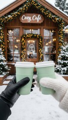 Couple toasting hot drinks in front of festive Cozy Café in winter
