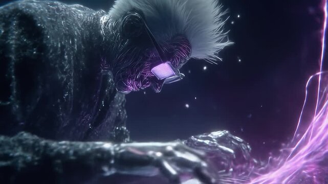 Abstract crystalline figure with white hair and glowing glasses, looking downward with neon lights in the background