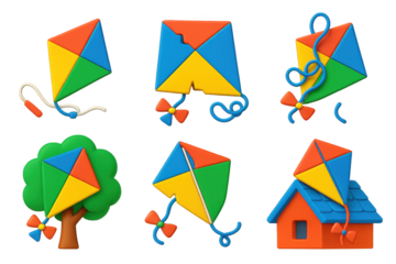 Broken Kite Icons. 3D icon set of broken kite moments: snapped string, torn fabric, tangled tail, kite in tree, bent frame, stuck