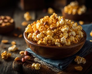 Caramel popcorn with peanuts in bowl