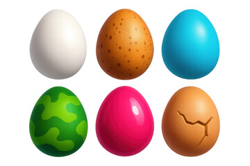 Vibrant Egg Icon Set. 3D icon set of egg textures and patterns: smooth white, speckled brown, pale blue, camo green, glossy pink,