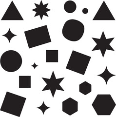 A scattered arrangement of various black geometric shapes including triangles, circles, squares, stars, and hexagons on a plain white background.
