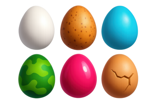 Vibrant Egg Icon Set. 3D icon set of egg textures and patterns: smooth white, speckled brown, pale blue, camo green, glossy pink,
