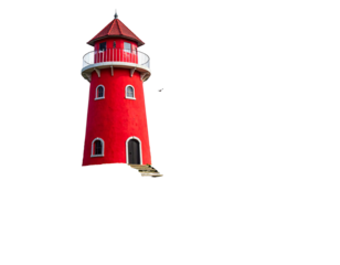 A vibrant, red lighthouse against a dark background, suggesting a coastal beacon. Features windows, a rooftop, and a small stairway