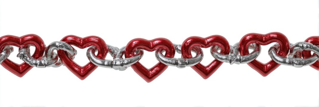 A chain composed of red heart links intertwined with silver metal links against a white backdrop