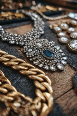 Obraz premium A stunning closeup of chunky jewelry and glamorous rhinestone accessories, perfect for showcasing bold fashion choices.