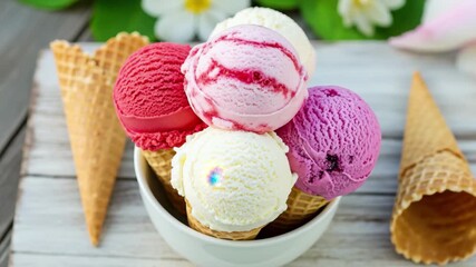 Indulgent scoops of vibrant ice cream in cones evoke summer joy and sweet refreshment 4k high quality footage