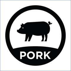 Black and white pork label with pig illustration inside a circular border