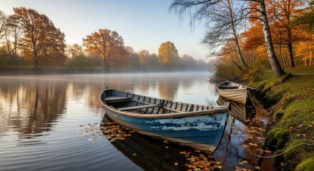 Two boats on a misty lake with autumn foliage in the background.