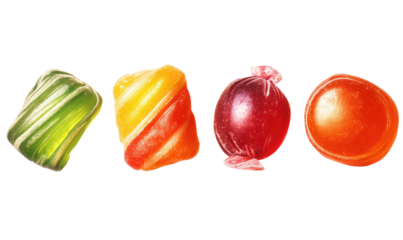 Colorful hard candies in various shapes and colors.  Four pieces of vibrant, glossy candy are arranged in a horizontal row against a black background.  