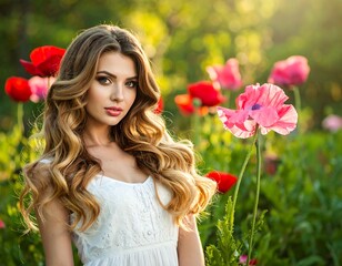 Beautiful woman with long wavy hair among colorful poppy flowers