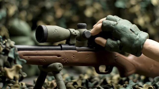 Claymation Soldier Aiming Sniper Rifle Amidst Miniature Camouflaged Army Figures Natural Lighting