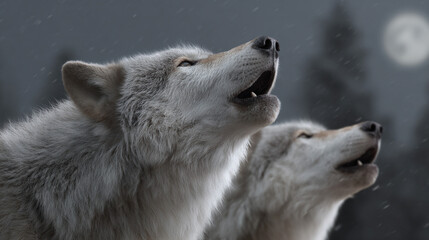 Wild wolves howling at full moon in snowy forest.