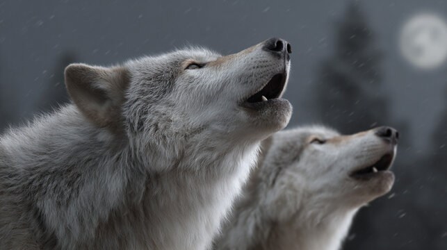 Wild wolves howling at full moon in snowy forest. - Powered by Adobe