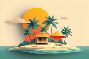 Miniature beach scene featuring a colorful house, palm trees, and relaxing chairs under a bright sun