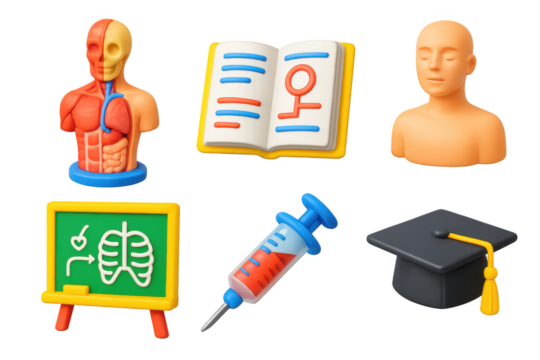 Nursing Education Icons. 3D icon set of nursing education: anatomy model, open textbook, simulation dummy, chalkboard diagram,