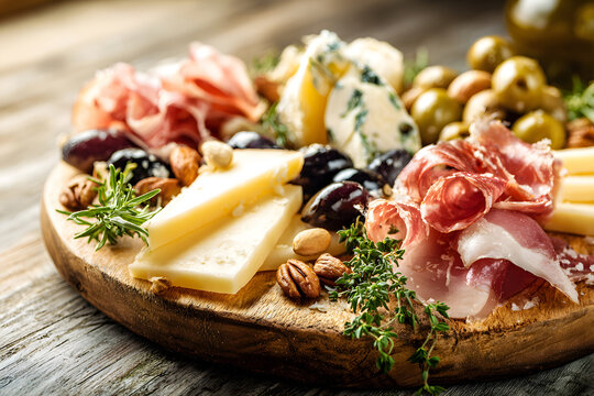 Delicious cheese and charcuterie board with olives and nuts on rustic wooden table - Powered by Adobe