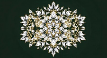 Elegant floral mandala design with intricate gold and white patterns on green backdrop