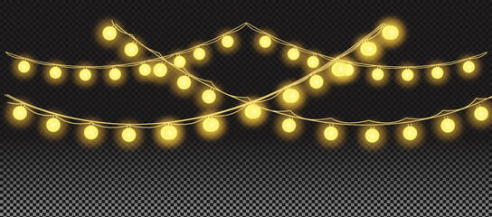Gold Christmas garland on transparent background, Happy new year light effect elements for banner, poster, flyer. Horizontal yellow glowing wires shining, led strips png, vector illustration.