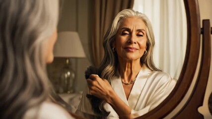Elegant mature woman with silver hair grooming in a silk robe, reflecting in a vintage mirror with soft lighting