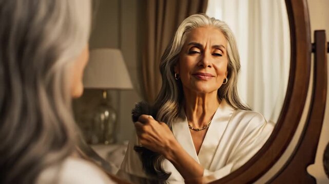 Elegant mature woman with silver hair grooming in a silk robe, reflecting in a vintage mirror with soft lighting