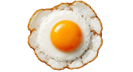 A perfectly cooked sunny side up fried egg with a bright orange yolk and crispy white edges isolated on transparent background