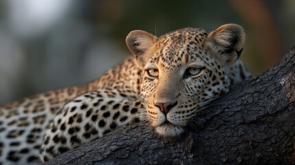 Obraz premium Leopard resting on tree branch in sunset.