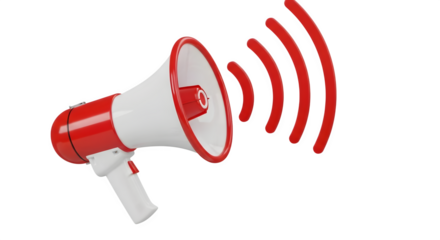 Red and white megaphone broadcasting sound waves isolated on transparent background