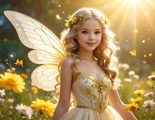 Beautiful young girl with blonde hair, wings, and a flower crown in a sunny garden