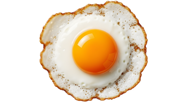 A perfectly cooked sunny side up fried egg with a bright orange yolk and crispy white edges isolated on transparent background - Powered by Adobe