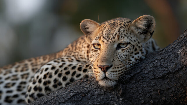 Leopard resting on tree branch in sunset. - Powered by Adobe