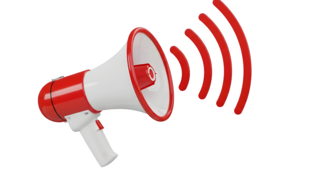 Red and white megaphone broadcasting sound waves isolated on transparent background